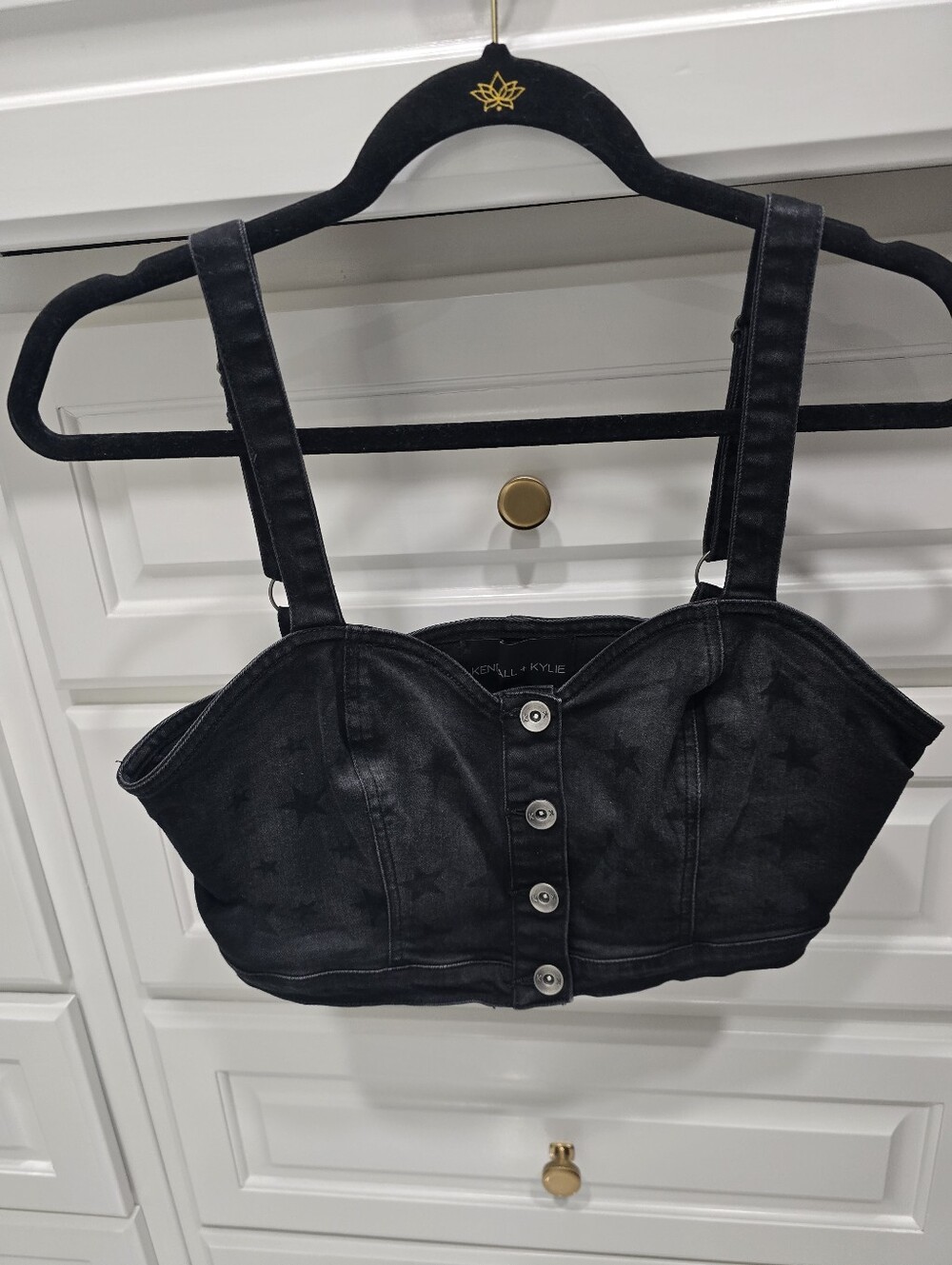 Kendall + Kylie Black Star Denim Corset Crop Top Button UP